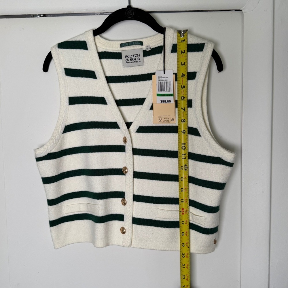 Scotch & Soda Striped Sweater Vest Cream Green Button Front V-Neck Large NWT - Picture 7 of 7